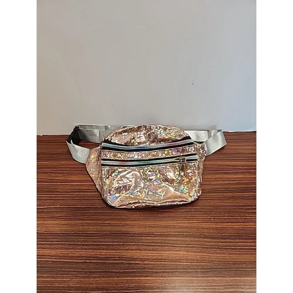 Unique Pink Holographic 80s 90s‎ Fanny Pack Rainbow Zippers Waist Metallic